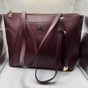 Michael Kors Jet Set Travel Leather Tote Lrg Shoulder Bag Maroon Red MK Logo EUC